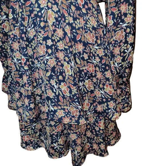Vision Women’s Medium Navy Floral Boho Long Sleeve Dress Ruffle Hem Polyester - Picture 7 of 8